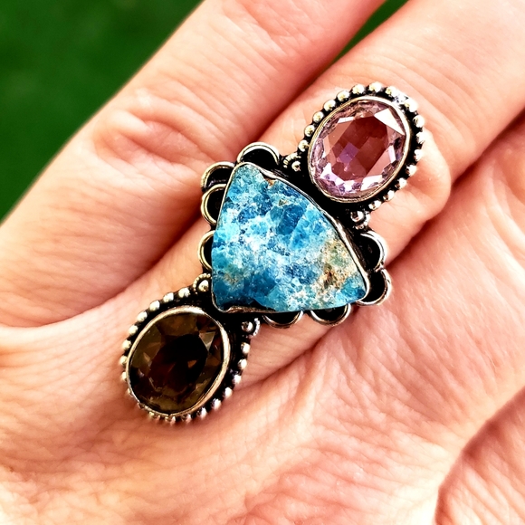 New Natural Blue Kyanite, Smoky Topaz, Pink Topaz 925 Silver Ring. - Picture 4 of 8